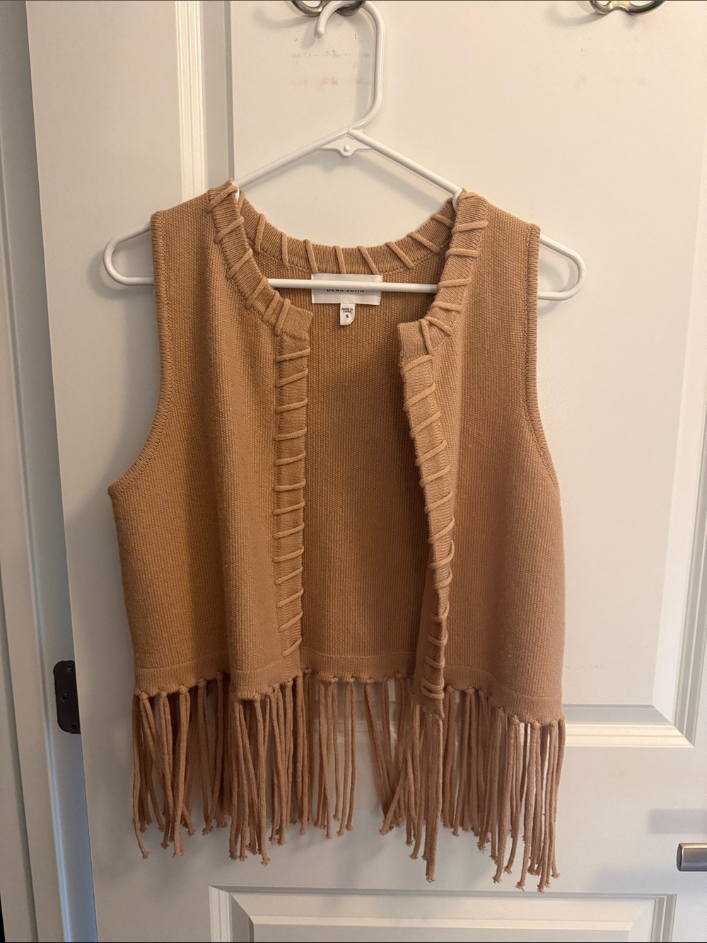 Dear John Fringe Open-Front Knit Vest - Camel